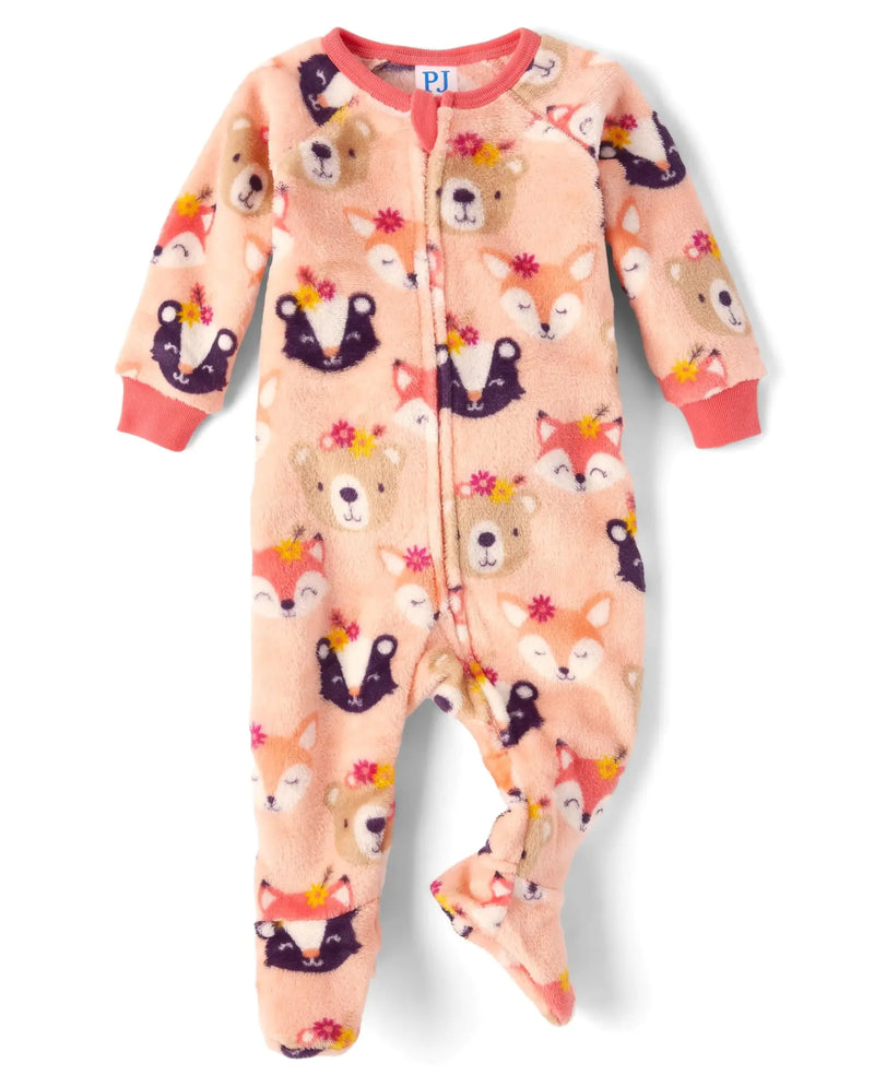 The Childrens Place Baby Girls and Toddler Fleece Zip-Front One Piece Footed Pajama Peach Critters - # BAAA81810003 - BIG FRENCHIES