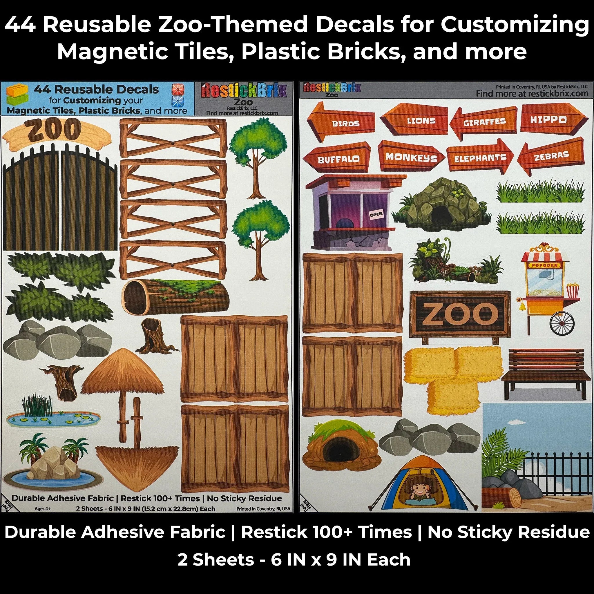 Zoo: Reusable Decals for Customizing Magnetic Tiles, Plastic Bricks, and more - BIG FRENCHIES