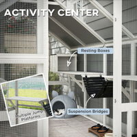Wooden Catio Outdoor Cat Enclosure with Waterproof Cover, 2 Condos, 6 Platforms, Bridge, Doors, White