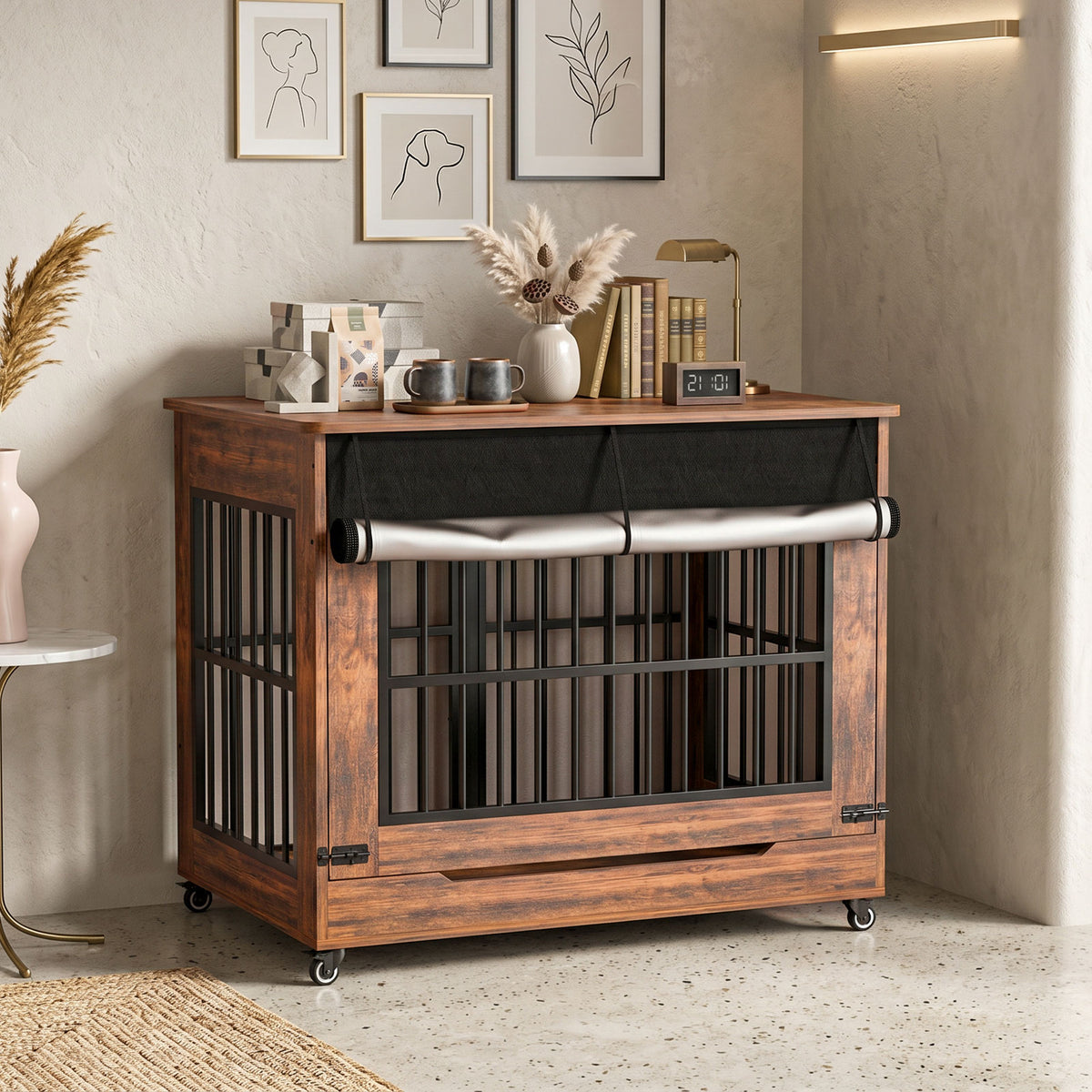 42in Large Dog Crate Furniture, Double Door Wooden Indoor Dog Kennel Furniture, Decorative Pet Cage End Table With Wheel