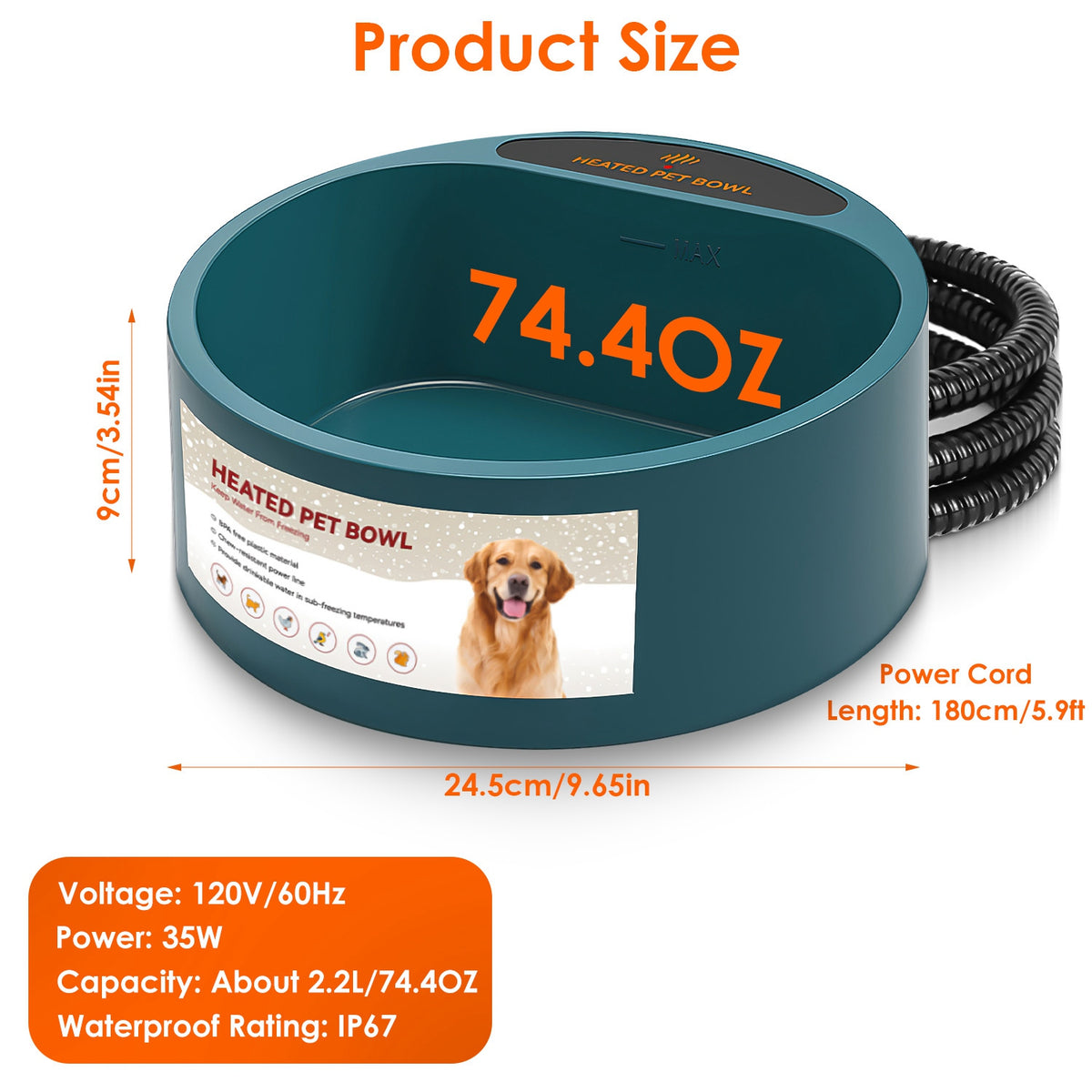 1Pc Heated Water Bowl For Dog Cat 74.4OZ Heating Water Dish IP67 Waterproof Thermal Water Bowl Heated Pet Bowl Dog Cat W