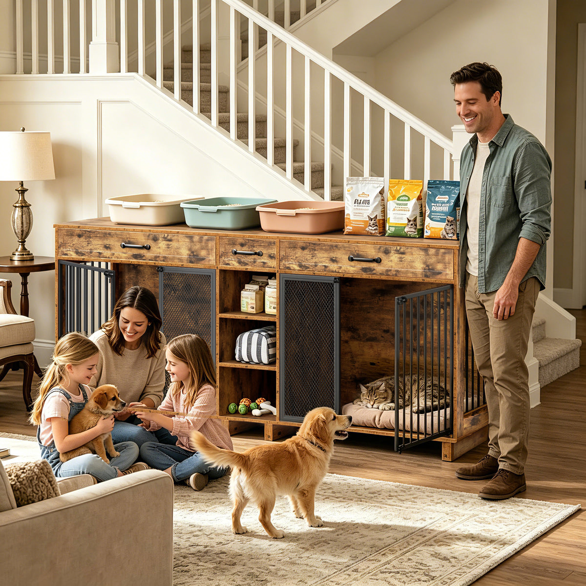 Large Wooden Dog Crate Furniture, Multi-Functional Pet Cage Cabinet with Storage