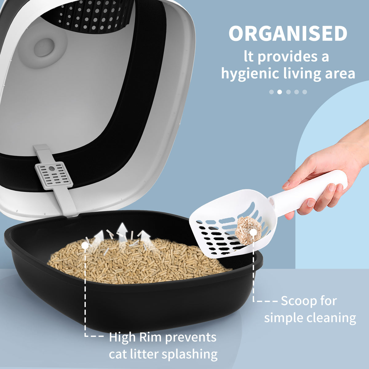 Dome Covered Cat Litter Box with Lid, White and Black