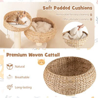 41 Inch Hand-Woven Water Hyacinth Cat Tree, 3 Sisal Scratching Posts Multi-Level Activity Center For Cats-White