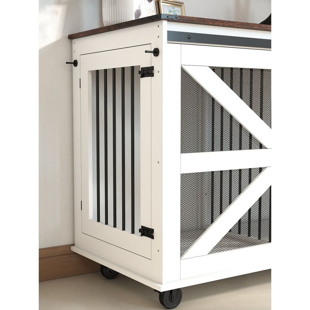 47.2 Mobile Dog Crate With Flip-Top Feeding Door, Dual-Access & 5 Caster System 2 Locking, Side Hooks - Multi-Functional