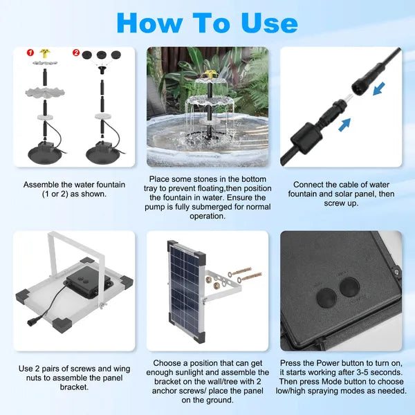 3-Tier Solar Bird Bath Fountain Solar Powered Water-Pump Waterfall Feature With Colorful Light 3 Nozzles 6W Solar Panel 