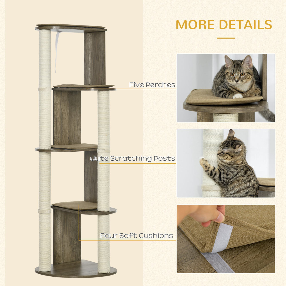 65" Corner Modern Cat Tree Tall for Climbing, Large Multilevel Cat Tower with Scratching Posts, Small-Fit Kitten Tower w