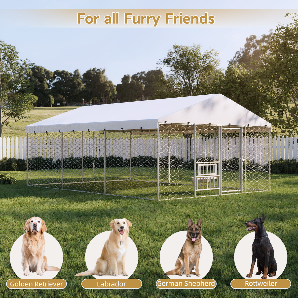 15x10 FT Large Outdoor Dog Kennel with Canopy, Heavy Duty Galvanized Steel Frame, Waterproof Cover, Built-in Elevated Fe