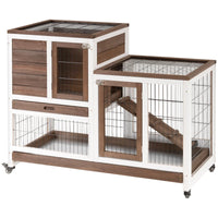 PawHut Wooden Rabbit Hutch Elevated Bunny Cage Indoor Small Animal Habitat With Enclosed Run With Wheels, Ramp, Removabl