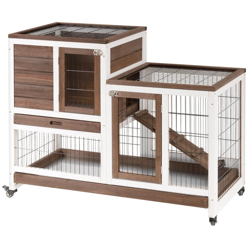 PawHut Wooden Rabbit Hutch Elevated Bunny Cage Indoor Small Animal Habitat With Enclosed Run With Wheels, Ramp, Removabl