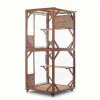 Large 2-Tier Outdoor Wooden Cat Enclosure on Lockable Wheels, Solid Fir Cat Cage with Multi-Level Platforms & Resting Ho