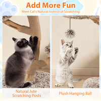 4-Level Natural Pear Wood Cat Tree - 19.5"x35.5", Jute Scratch Posts + Plush Ball, Long Plush
