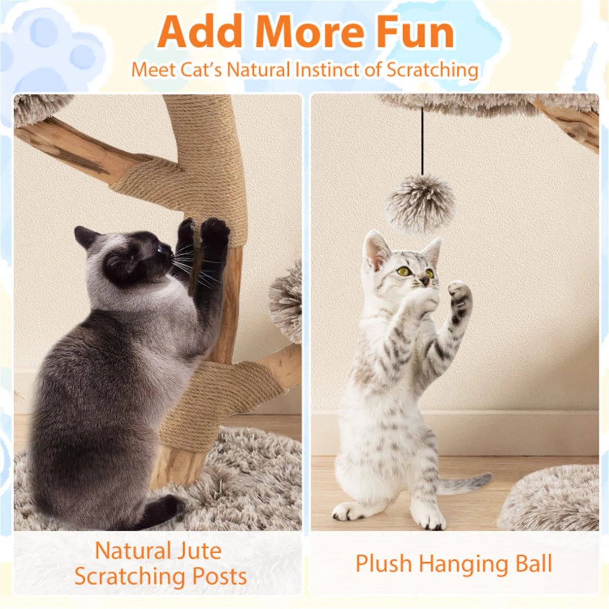 4-Level Natural Pear Wood Cat Tree - 19.5"x35.5", Jute Scratch Posts + Plush Ball, Long Plush