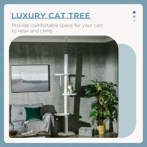 PawHut Floor To Ceiling Cat Tree With Scratching Posts, 88.5-100.5 Adjustable Height, Cat Climbing Tower With Cloud Shap