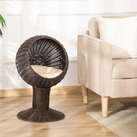 Elevated Cat Bed with Rotatable Egg Chair Pod, Cat Basket Bed with Thick Cushion, Natural Mat Grass Woven Kitty House, C