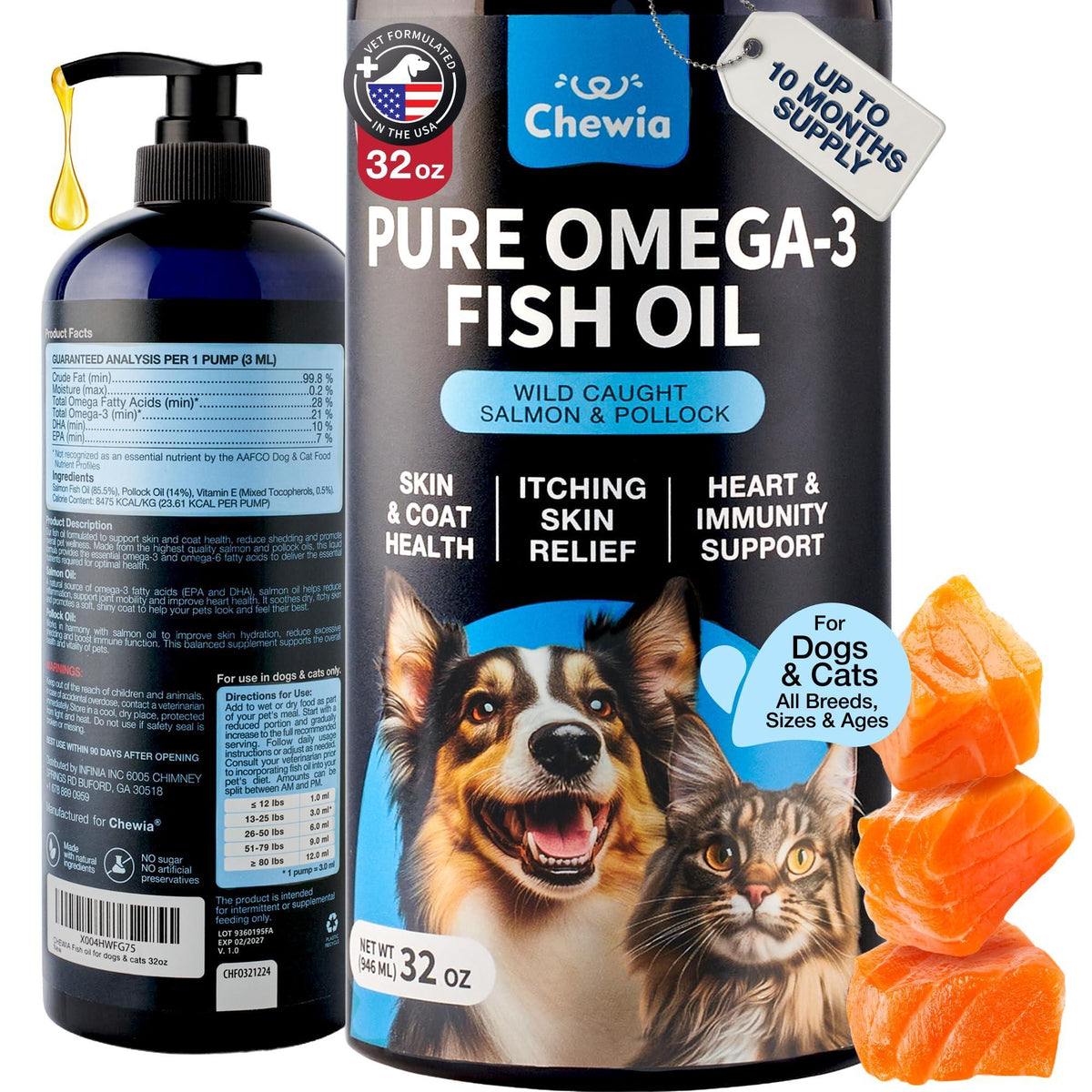 Fish Oil for Dogs and Cats  Skin and Coat Support Supplement for Pets  Omega 3 6 9 Fatty Acids  Itchy Skin, Shedding, Immunity, Joint  EPA DHA  Wild Caught Salmon and Pollock Food Topper