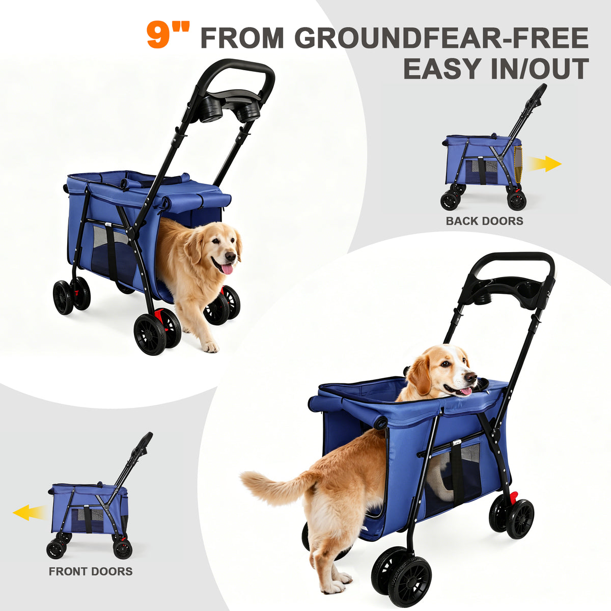 Pet Stroller, Foldable 4-Wheel Design, Breathable Mesh Dog Cat Stroller with Shockproof Wheels, Brake System, Storage Tr