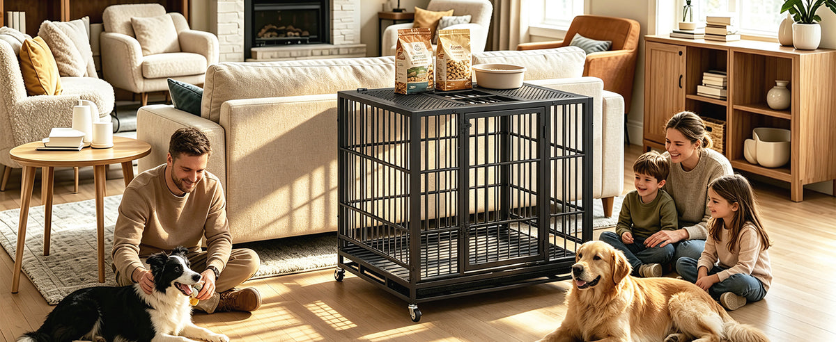 Heavy Duty Dog Crate , Mobile Pet Kennel with Lockable Wheels & Rotary Twist-Latch, Indoor Outdoor Metal Cage with Perfo