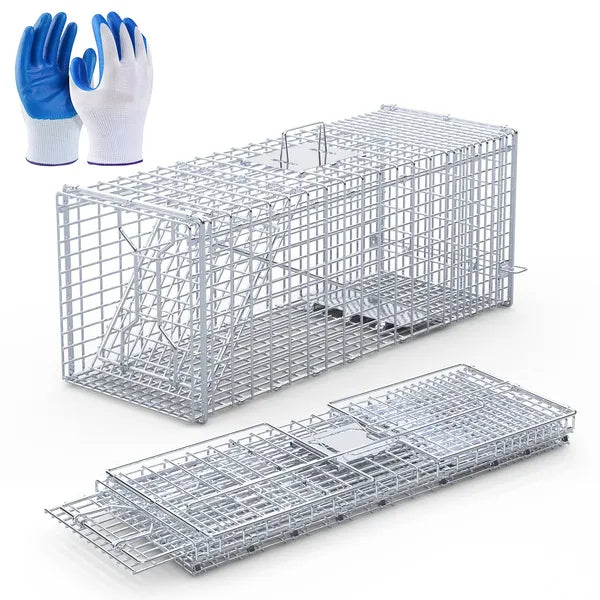 Live Animal Trap Cage 37x14x15in Folding Catch And Release Humane Cat Trap Galvanized Iron For Raccoons Foxes Coyotes St