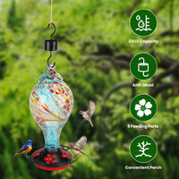 1Pc Glass Hummingbird Feeder 33OZ Hand Blown Hummingbird Feeder With 5 Flower Feeding Port Perch Ant Moat Hanging Hook S