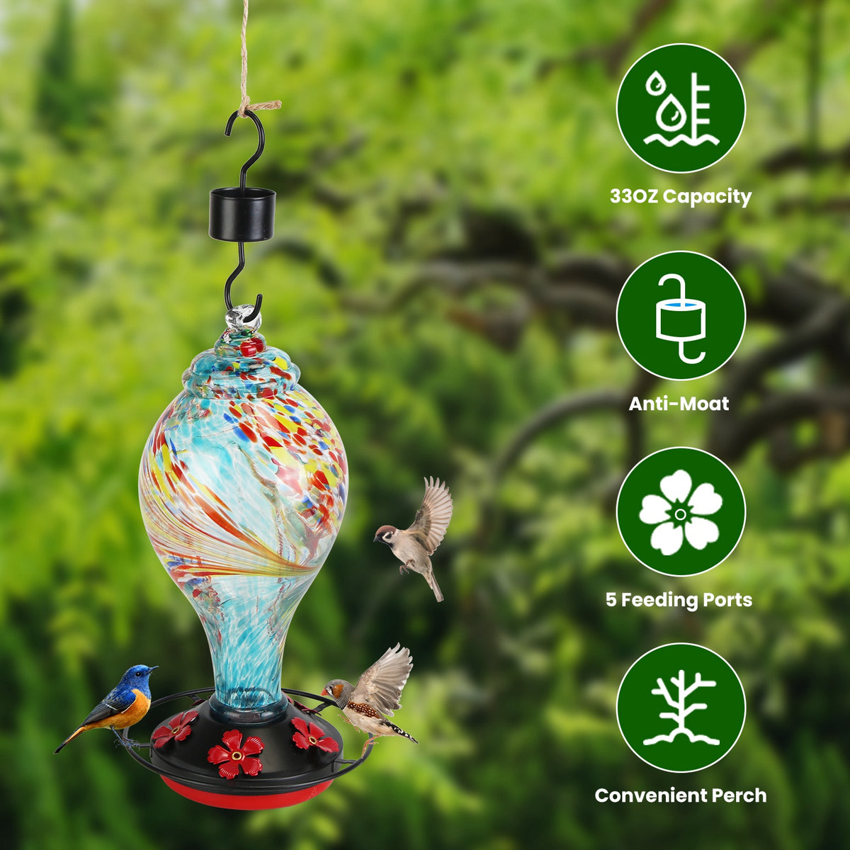 1Pc Glass Hummingbird Feeder 33OZ Hand Blown Hummingbird Feeder With 5 Flower Feeding Port Perch Ant Moat Hanging Hook S