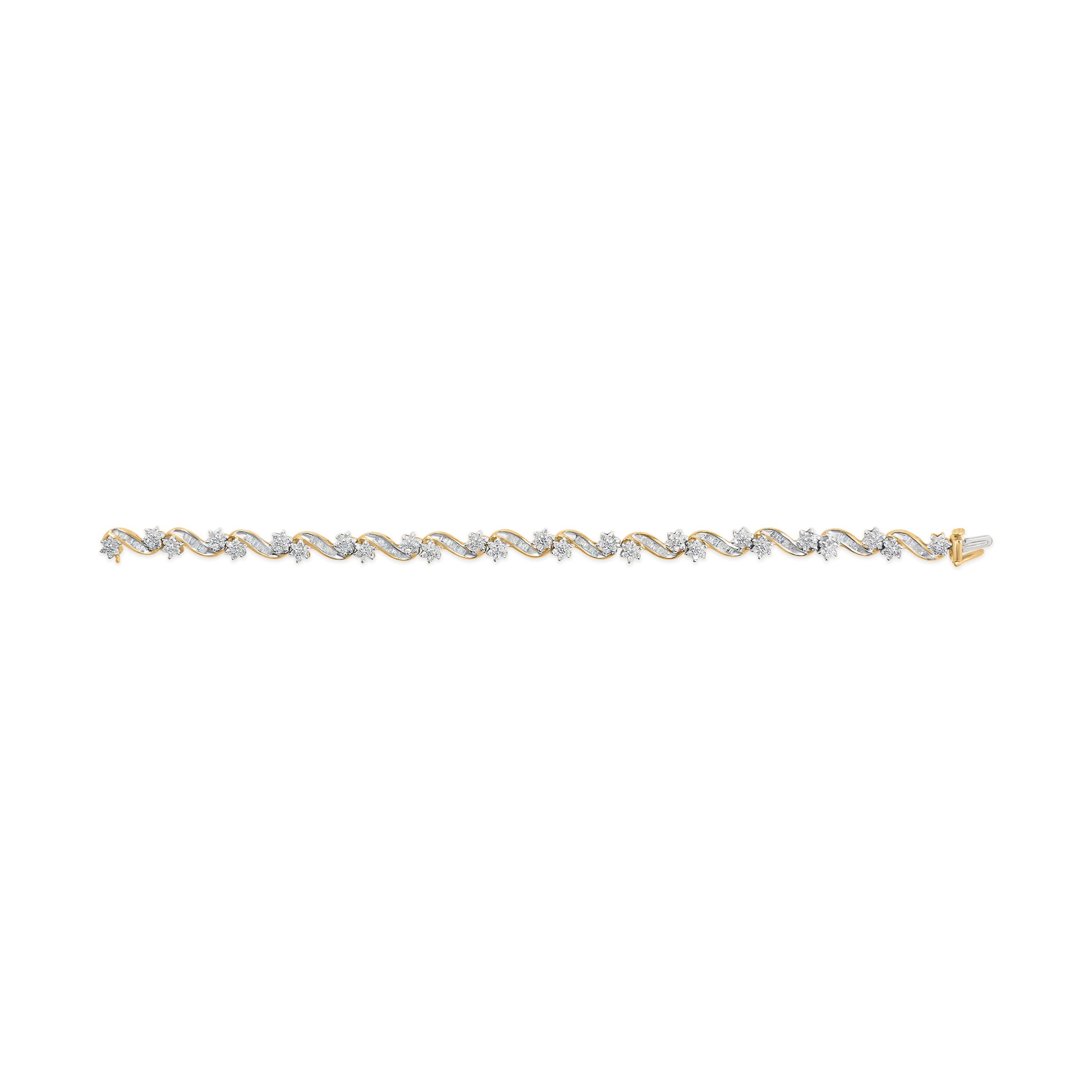 10k Yellow Gold 3.00 Cttw Round-Cut and Baguette-Cut Floral Link 7.25" Bracelet (I-J Color, I1-I2 Clarity)