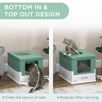 Fully Enclosed Cat Litter Box with Front Entry and Top Exit, Plastic, Green & White