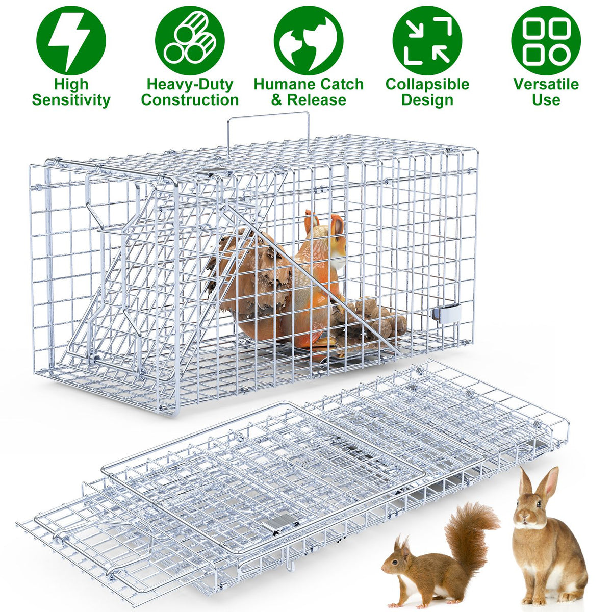 2Pcs 18x8x10In Humane Single Door Live Animal Trap For Spring Summer Collapsible Galvanized Iron Animal Cage Catch And R
