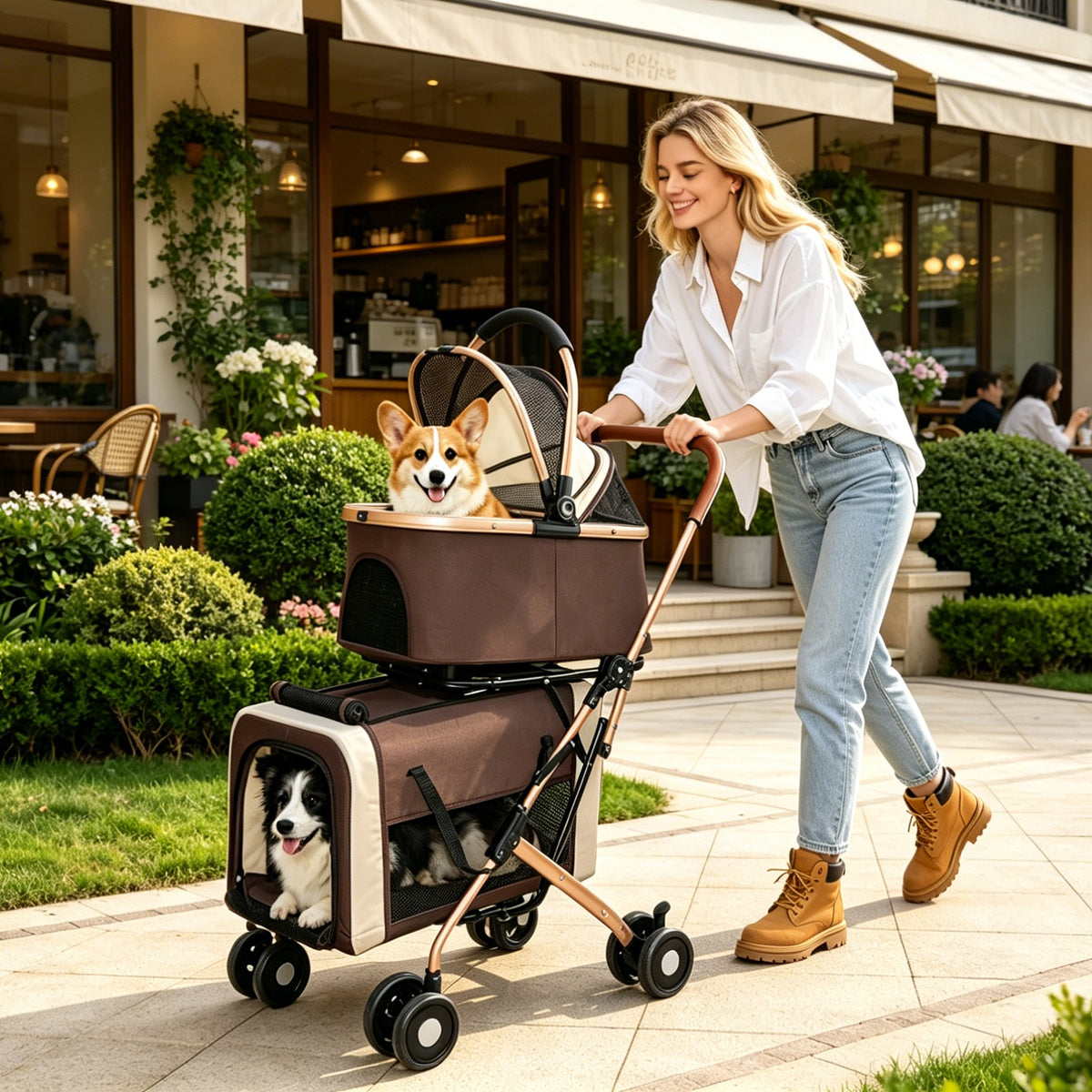 Double Pet Stroller for Dogs and Cats, Foldable Frame, 3-in-1 Convertible Carrier/Tote, Shockproof Wheels, Brake System,
