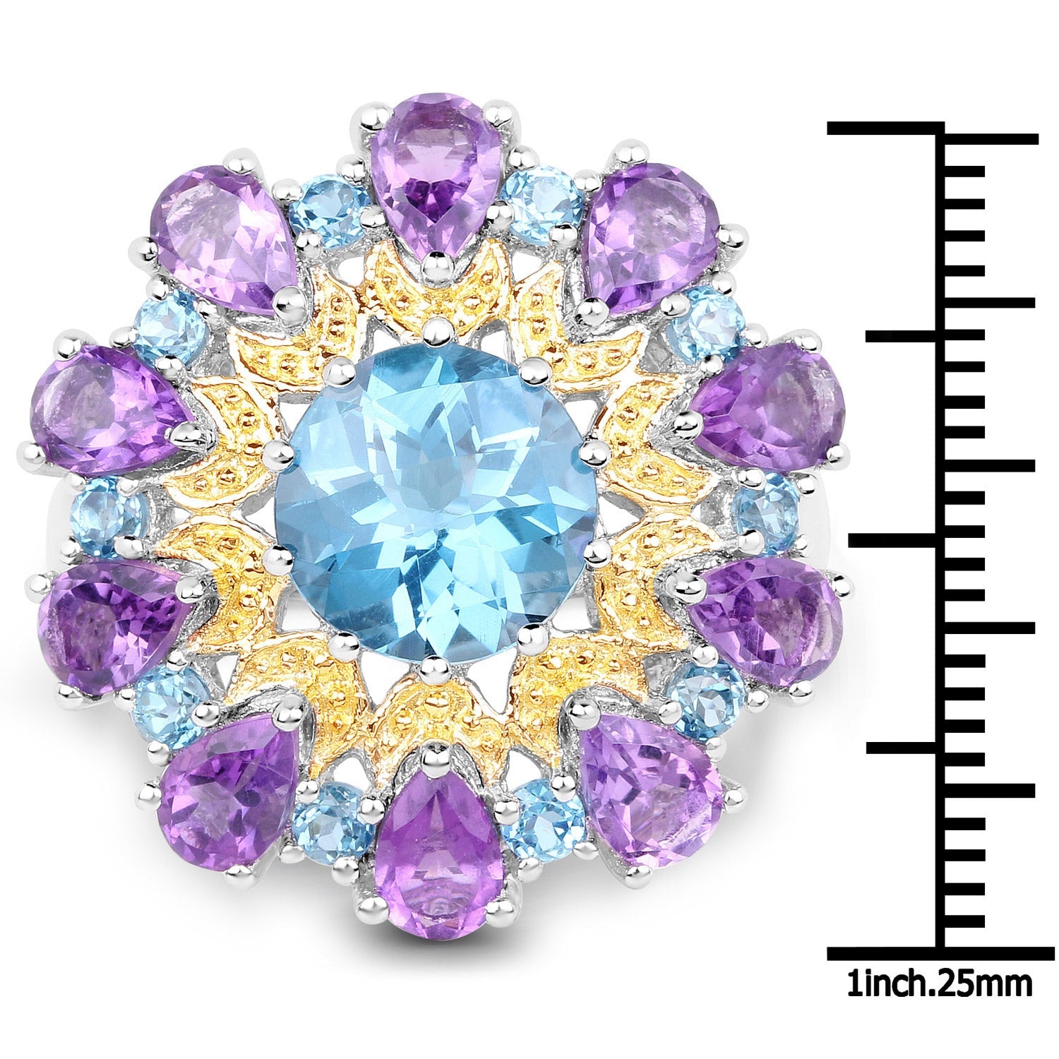 8.86 Carat Genuine London Blue Topaz and Amethyst .925 Sterling Silver Ring