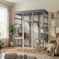 62.6" Wooden Outdoor Catio for Cats, Large Cat Enclosure with Waterproof Roof, 2 Napping House, Platforms & Galvanized W