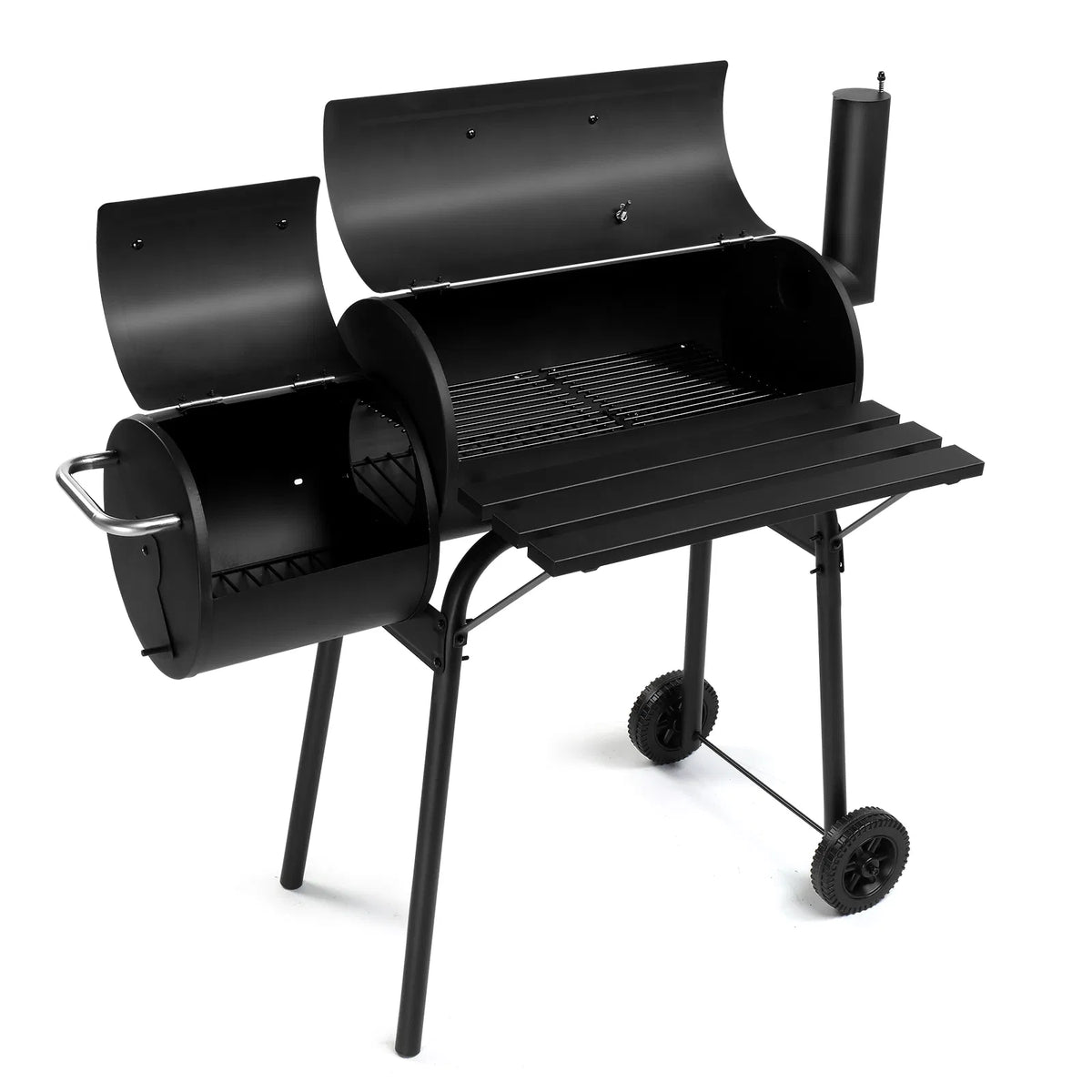 Barrel Charcoal Grill with Offset Smoker, All Metal Outdoor Smoker with Side Table and Wheels for Outdoor Garden Patio a