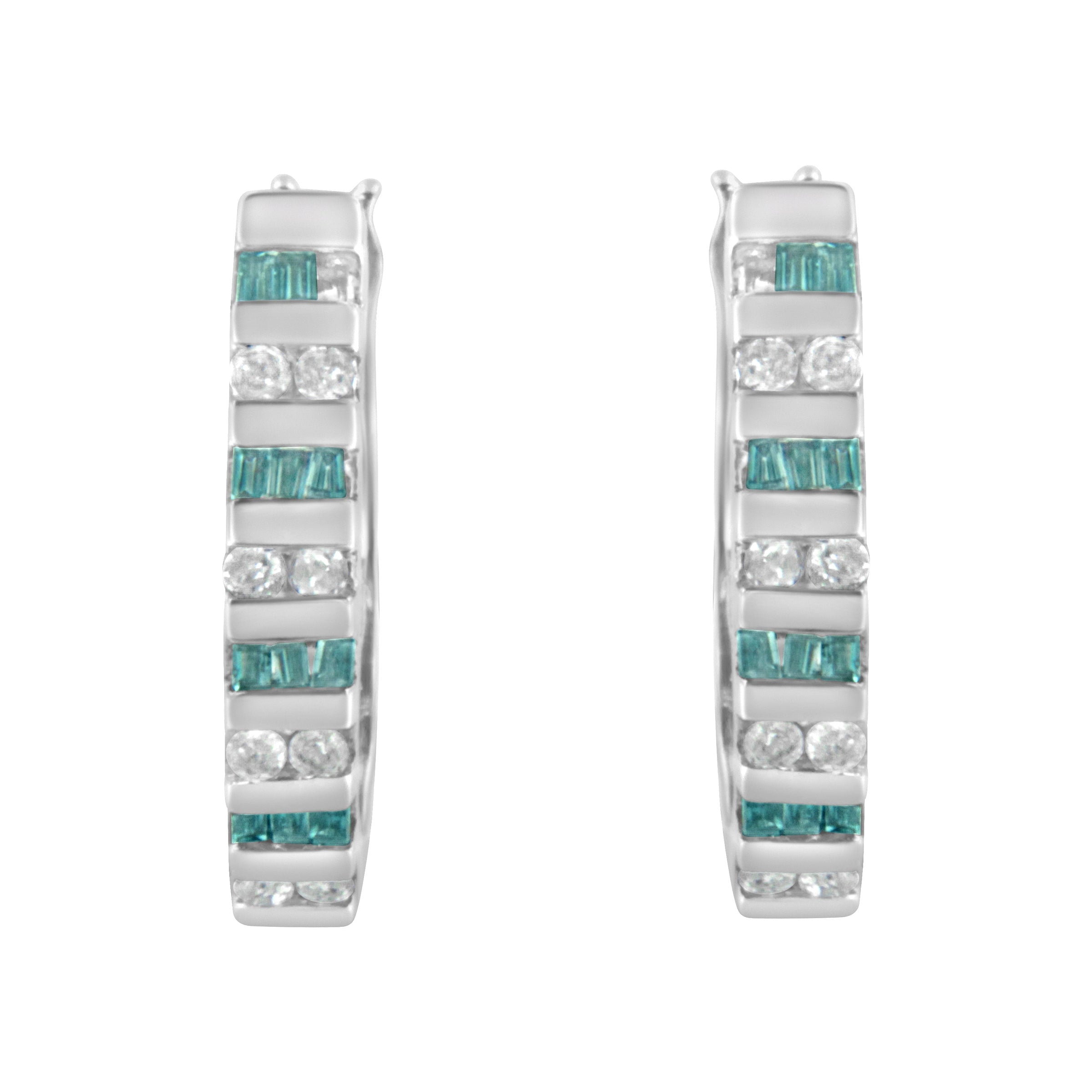 10k White Gold Round and Blue Baguette 1/2 cttw Diamond Hoop Earrings (I-J Color, I2-I3 Clarity)