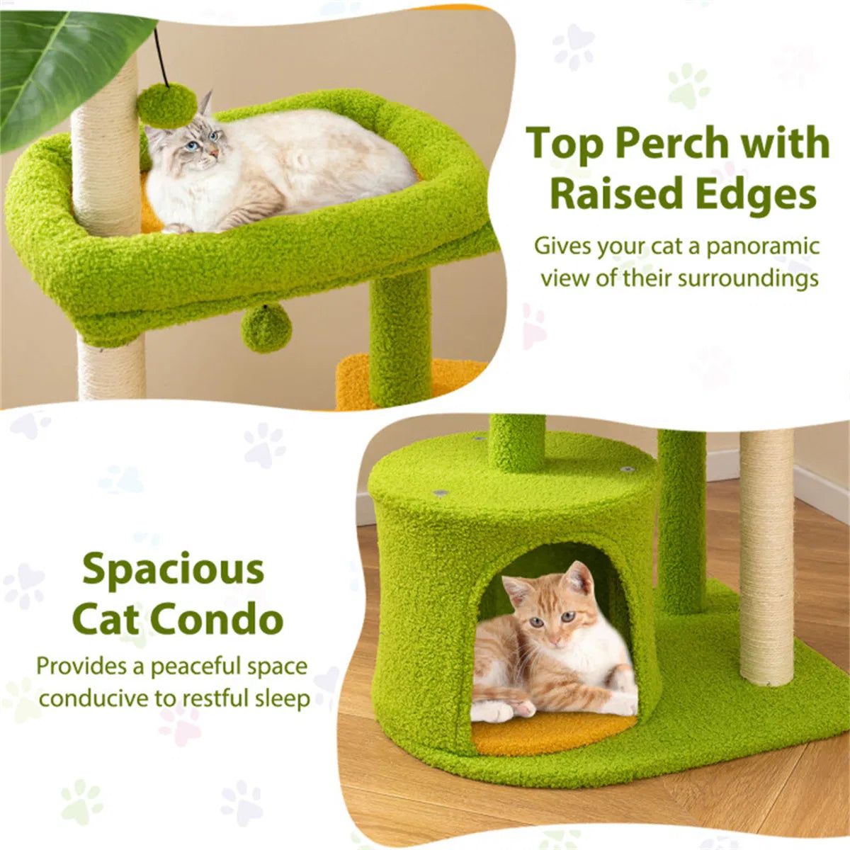 48" Cat Tree with Tropical Leaves - Self-Groomer & Scratching Posts, Space-Saving (Green+Orange)