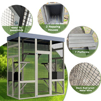 Gray Wooden Catio Pet Enclosure with Waterproof Top, Spacious and Secure Cat House & Small Animal Cage,2 Napping Boxes