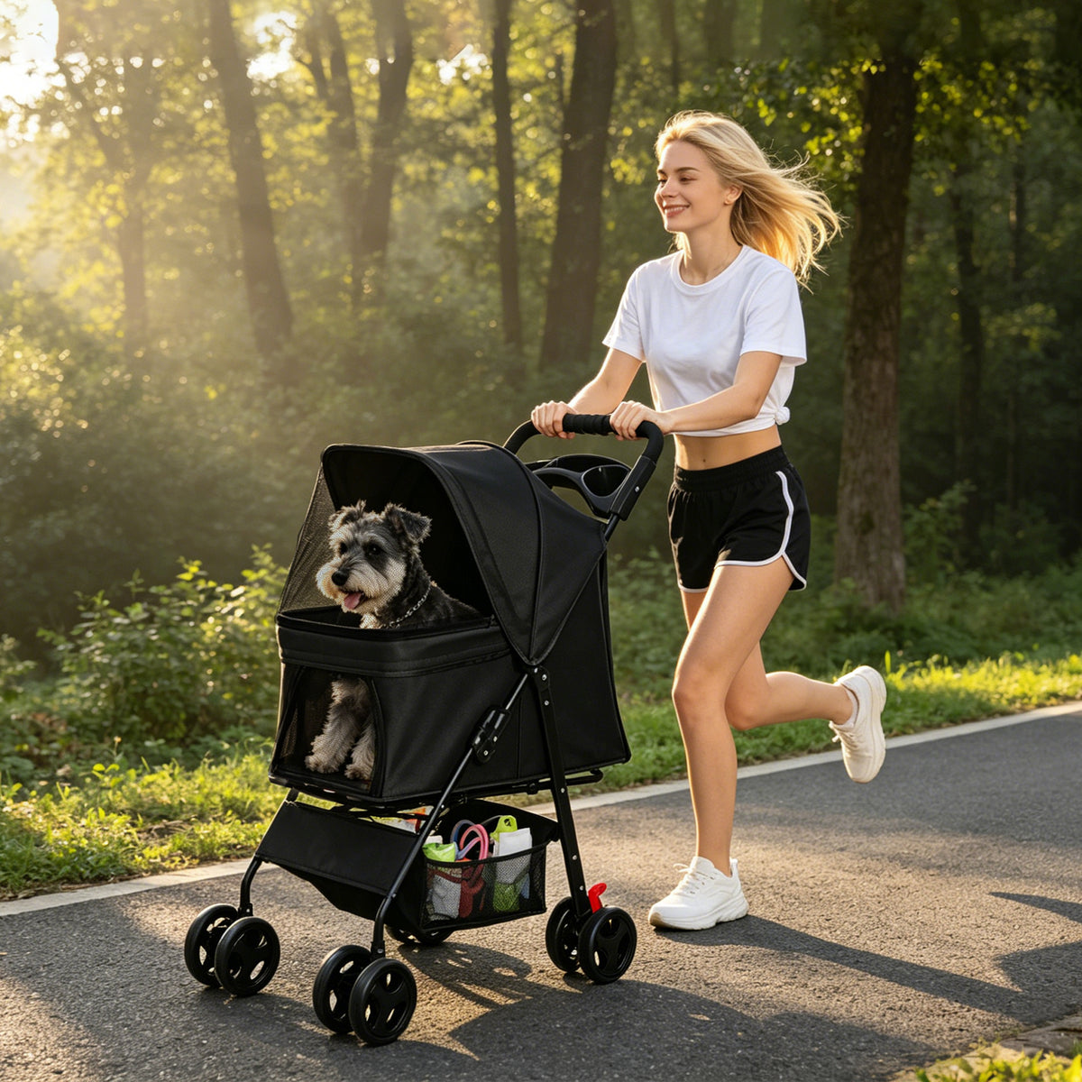Foldable Pet Stroller for Small Dogs and Cats Under 28 lbs with Multi-Functional Tray, 2 Safety Leashes, Storage Basket 