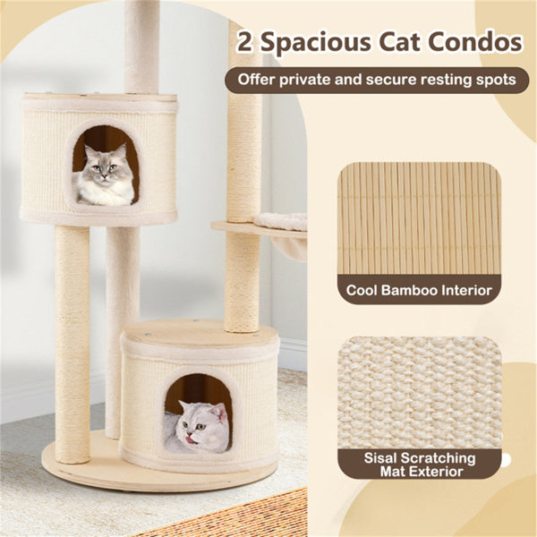 60 Inch Tall Wooden Cat Tree Multi-Level Cat Tower With Sisal Scratching Posts & Condos For Indoor Cats, Natural