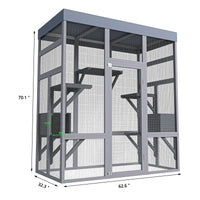 62.6" Wooden Outdoor Catio for Cats, Large Cat Enclosure with Waterproof Roof, 2 Napping House, Platforms & Galvanized W