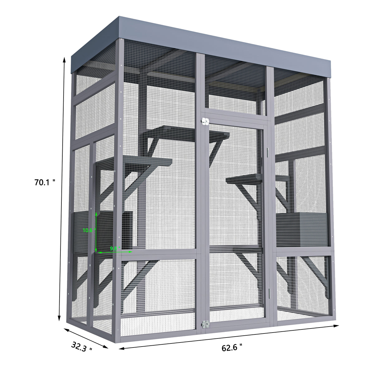 62.6" Wooden Outdoor Catio for Cats, Large Cat Enclosure with Waterproof Roof, 2 Napping House, Platforms & Galvanized W