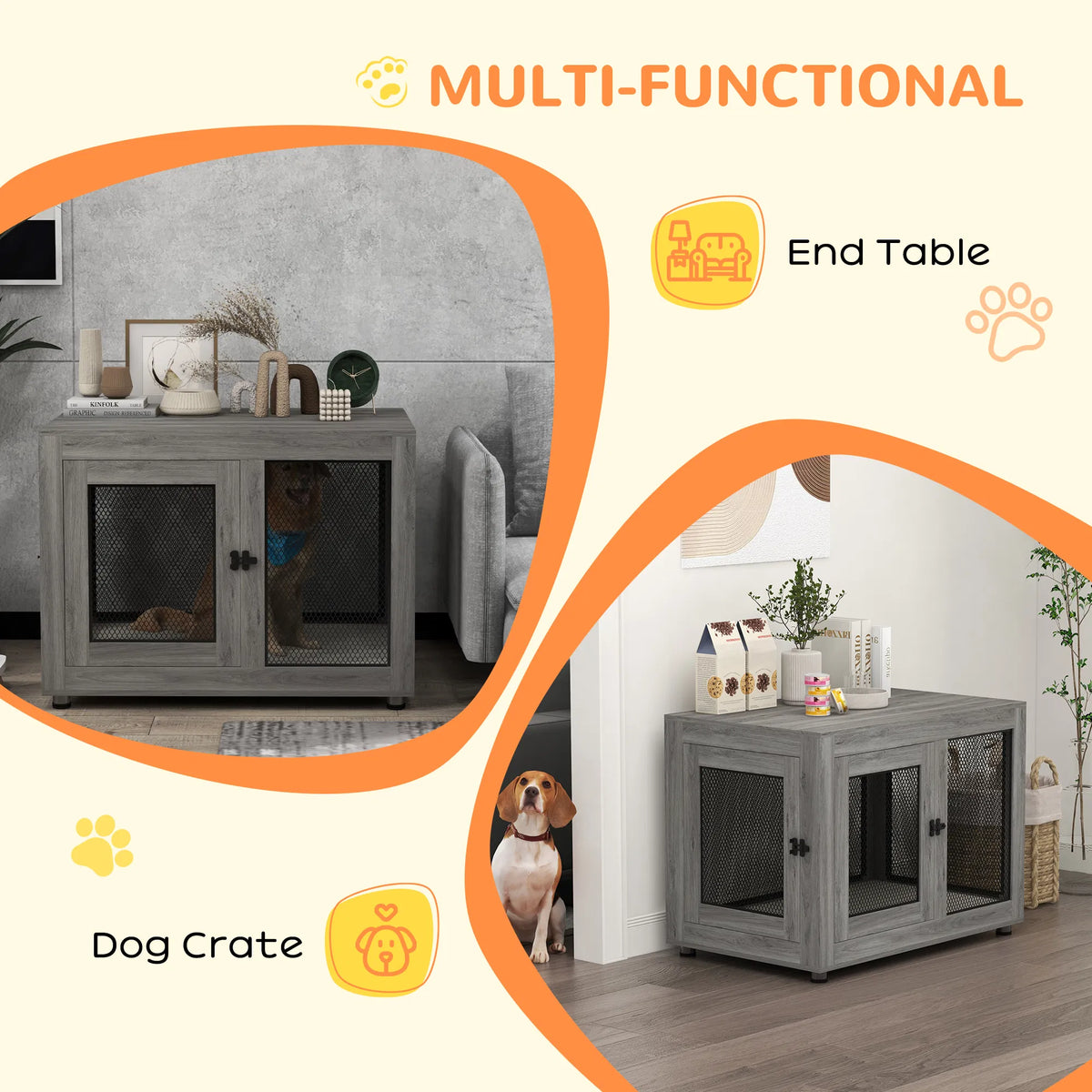 Pet Crate End Table with Water-resistant Cushion or Large Medium Dogs, Grey