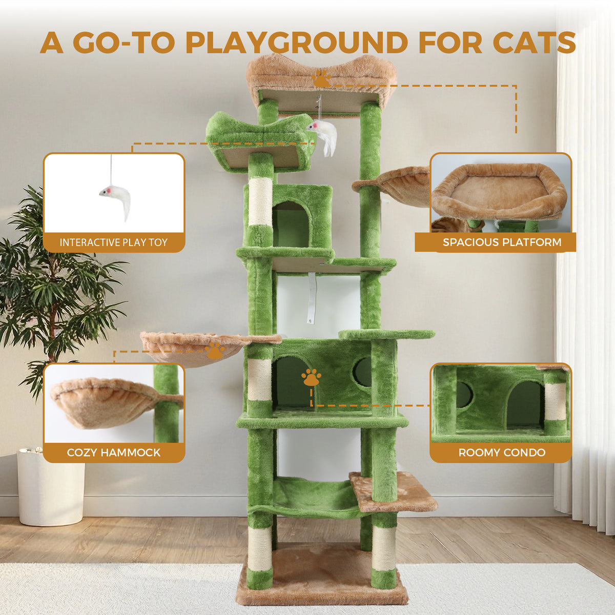 68in Tall Multi-Level Green Cat Tree with Hammocks, Hanging Basket, Cat Cave, Removeable Cushion, Scratching Posts - Plu