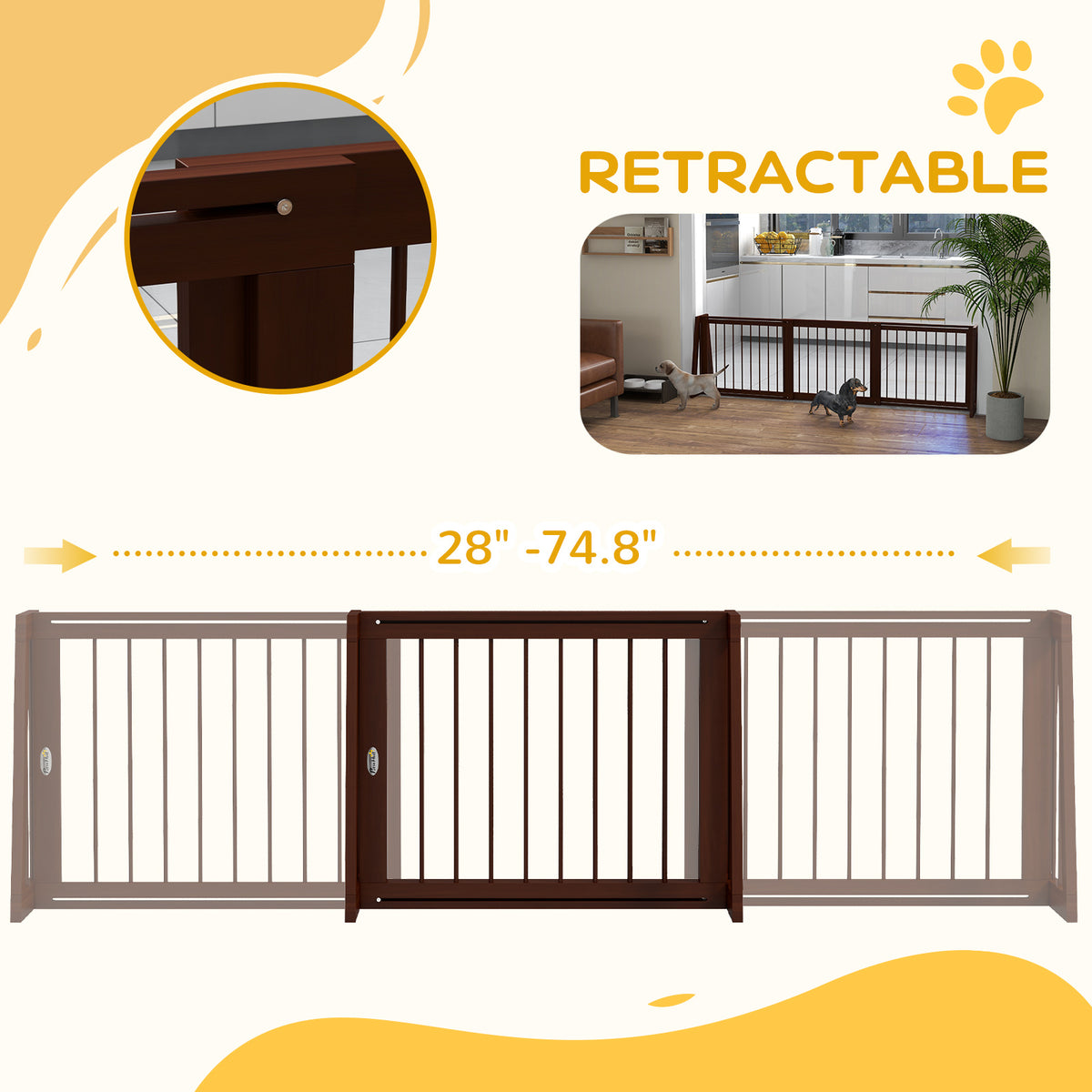 28"-75" Freestanding Wooden Pet Gate with Support Feet & Non-Slip Mats for Indoor, Stairway, Doorway, Brown