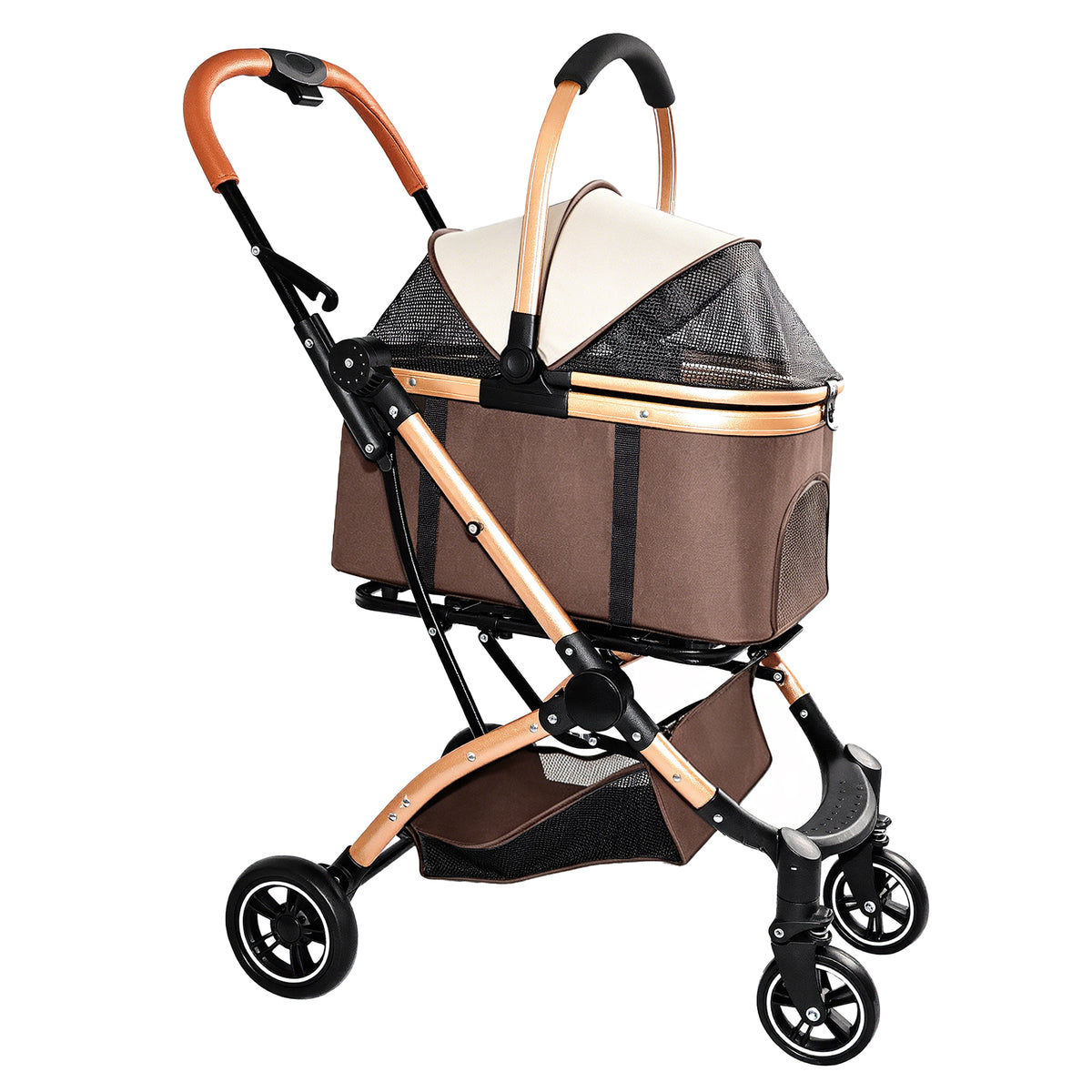 Pet Stroller for Dogs and Cats, 2-in-1 Detachable Foldable 4 Wheels Pet Stroller, Quick One-Hand Fold, Storage Basket, D