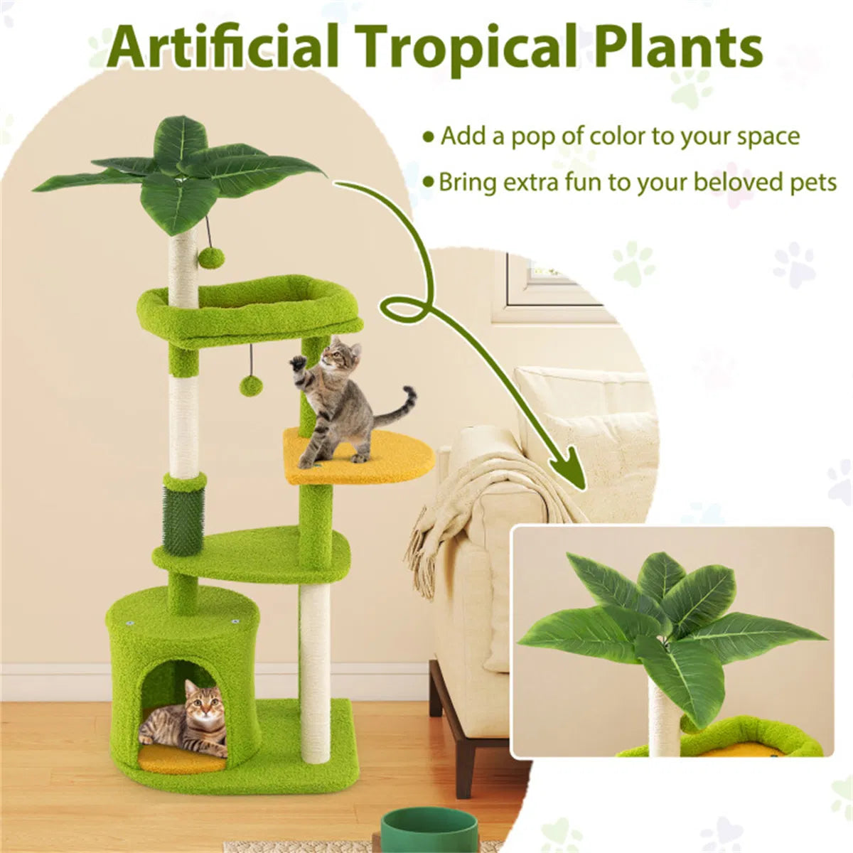 48" Cat Tree with Tropical Leaves - Self-Groomer & Scratching Posts, Space-Saving (Green+Orange)