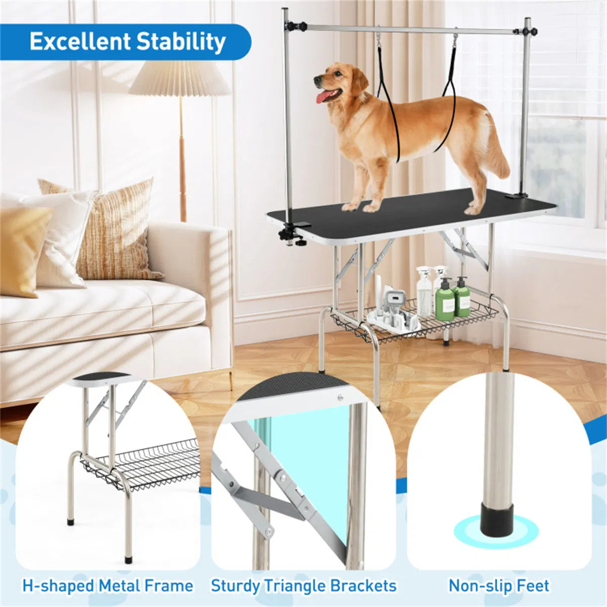 Foldable Pet Grooming Table with Adjustable H-shaped Arms, 330 LBS Capacity for Small-Large Dogs