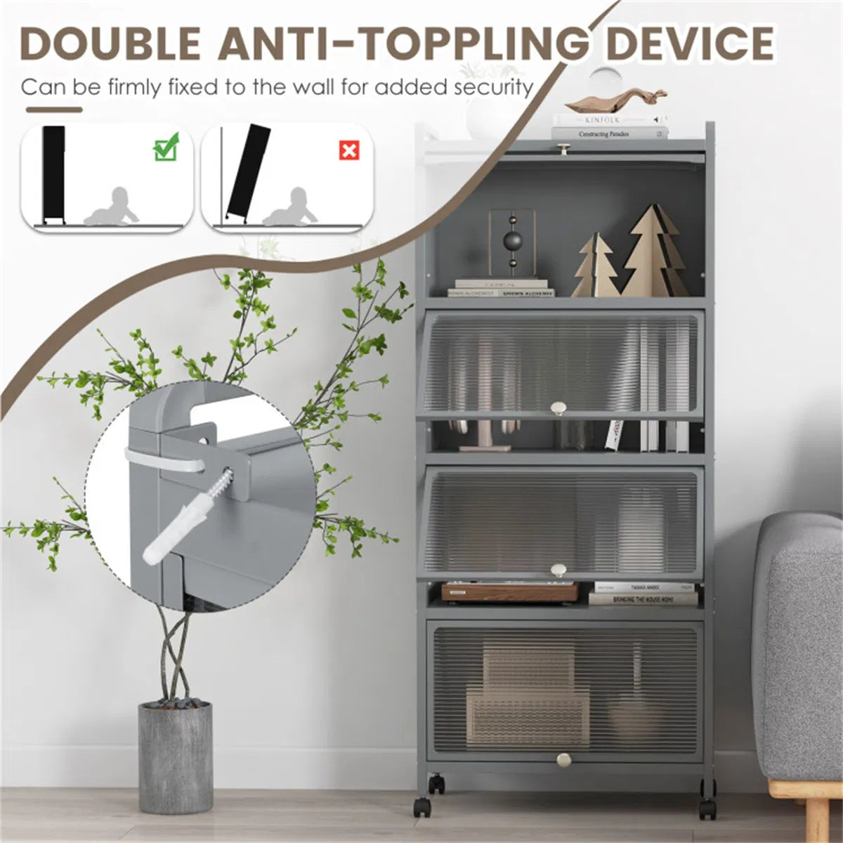 5-Tier Rolling Microwave Stand Flip Dust-Proof Doors 4 Casters with Brakes Kitchen Storage Rack Gray
