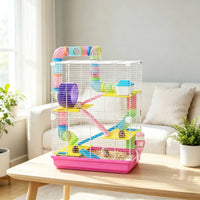 Pink 5-Tier Portable Hamster Cage for Short Trip Outing, Small Animal Travel Carrier with Tunnel Tubes