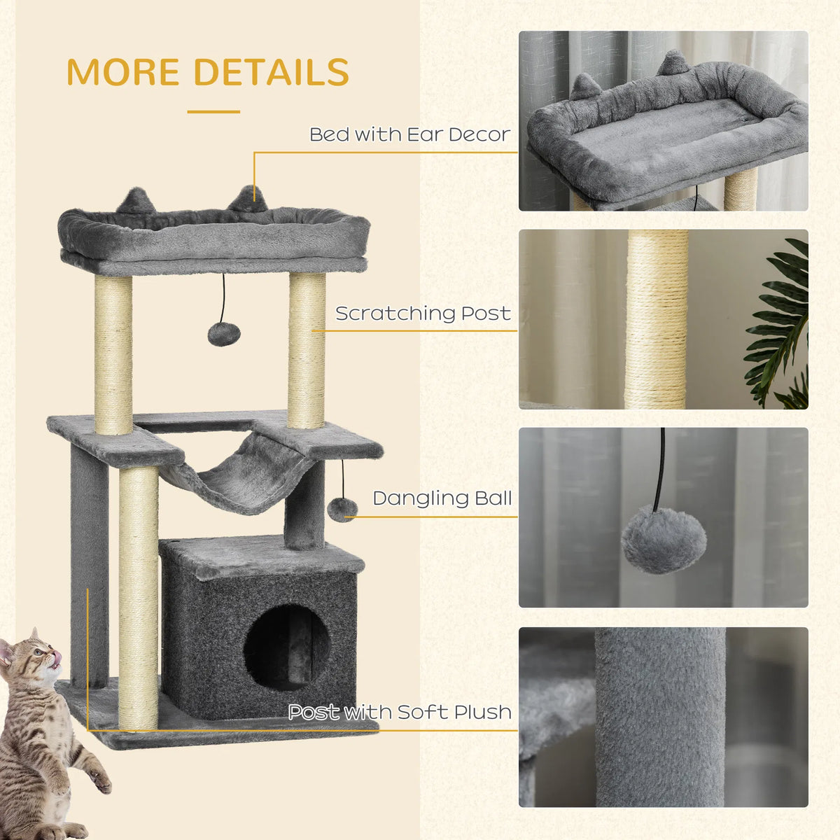 39.25'' Cat Tree Tower Multi-Level Kitten House with Scratching Post Condo Hammock Bed Ball Toy - Gray
