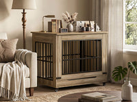 42in Large Dog Crate Furniture, Double Door Wooden Indoor Dog Kennel Furniture, Decorative Pet Cage End Table With Wheel