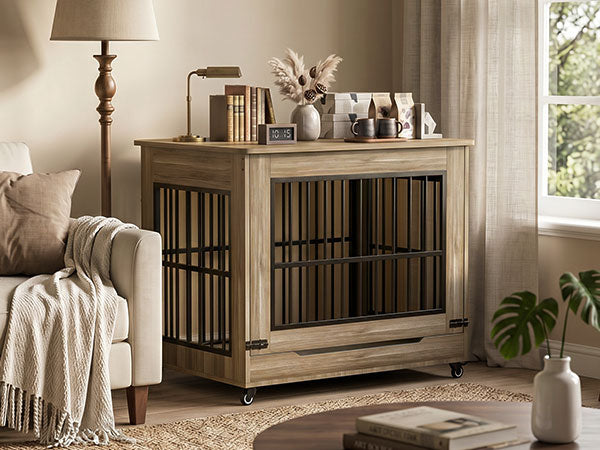 42in Large Dog Crate Furniture, Double Door Wooden Indoor Dog Kennel Furniture, Decorative Pet Cage End Table With Wheel